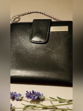 Fendi Black Leather Wallet with Silver Chain and Logo Plate
